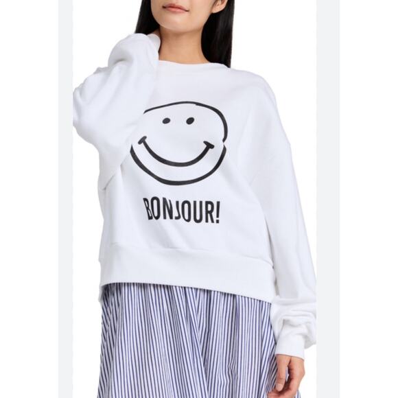 Cinq a Sept Bonjour Smiley Face Crewneck Sweatshirt XS - Picture 1 of 5